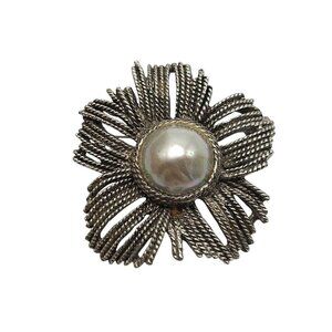 Vintage Silver Tone Flower Brooch With Faux Grey Pearl Center